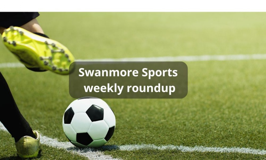 Action shot of a foot in a yellow boot kicking a football on an STP. Central text reads: Swanmore Sports weekly roundup.